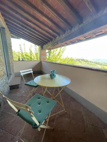 a table and two chairs on a balcony at La Locanda Volpaia in Radda in Chianti
