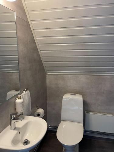 a bathroom with a white toilet and a sink at Kraja in Arjeplog