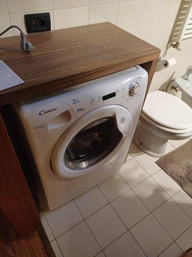 a washing machine in a bathroom with a toilet at Casa Sinetta Como Lake in Acquaseria