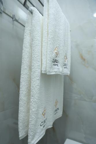 two towels are hanging on a rack in a bathroom at Clouds Hotel in Tashkent