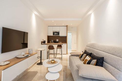 un salon avec un canapé et une table dans l'établissement LE CENTER avec joli balcon et parking pour un plaisant séjour, à Cannes
