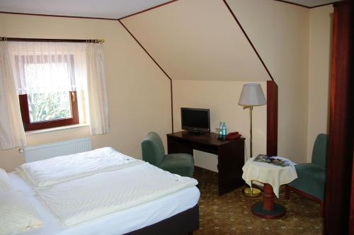a hotel room with a bed and a desk and a television at Landhotel Goldener Löwe mit Pension Am Taurastein in Burgstaedt