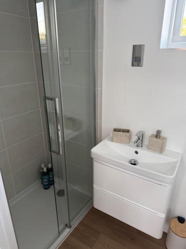 a bathroom with a shower and a sink at Stylish 1-Bed Central in Oxford