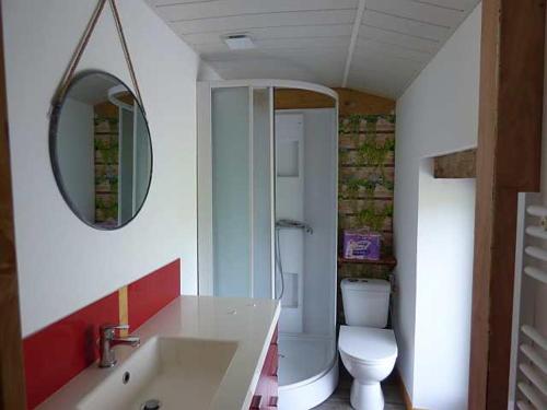 Un baño con lavabo, inodoro y espejo. en Chambre bleue, en La Roche-sur-Yon
