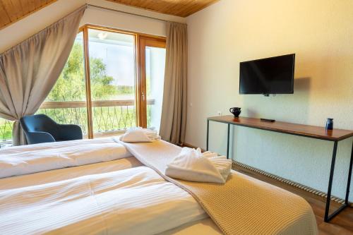 a hotel room with two beds and a television at LivingIn Delta - Casa de Vacanta in Crisan