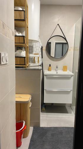 une salle de bain avec un lavabo et un miroir dans l'établissement Cosy 54, à Levallois-Perret