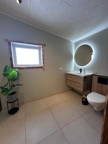 a bathroom with a toilet and a sink and a mirror at Hoofprints&Highlands in Fludir