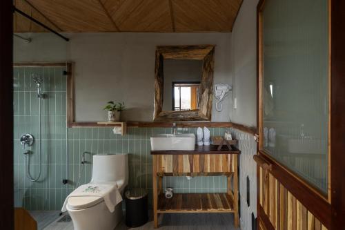 a bathroom with a toilet and a sink and a mirror at Chuồn Chuồn Retreat in Phan Thiet