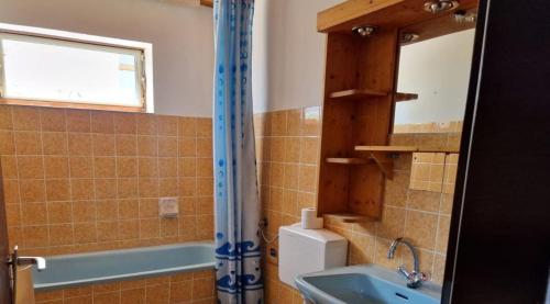 a bathroom with a sink and a mirror and a tub at Chalet Corallo con camino e ingresso indipendente in Ronco