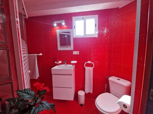 a red bathroom with a toilet and a sink at las flores in Almuñécar