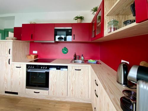 a kitchen with red walls and wooden cabinets at Krahnberghaus Gotha - Ferien mitten in Deutschland in Gotha