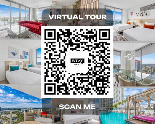a collage of photos of a hotel room with a virtual tour scan me at HYDE BEACH HOUSE THREE-BEDROOM, WATERFRONT, OCEAN AND INTERCOSTAL VIEW, ROOFTOP POOL, 5 MiN WALK TO BEACH in Hollywood