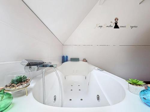 a white bath tub in a white room at L Oasis tout confort en Béarn in Gelos