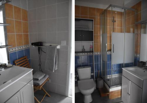 - deux photos d'une salle de bains avec toilettes et lavabo dans l'établissement Appartement Paradis Gruissan, à Gruissan