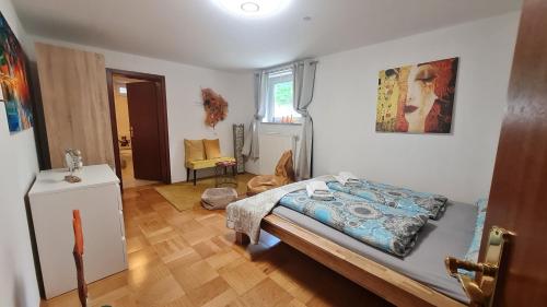 Un dormitorio con una cama, una mesa y una silla. en Apartment Neuweiher, en Daisendorf