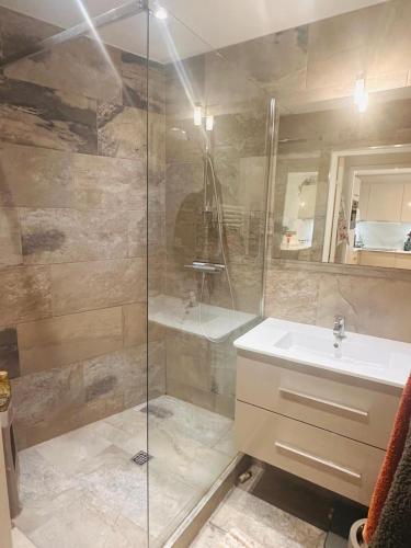 une salle de bain avec une douche en verre et un lavabo dans l'établissement Lovely one bedroom apartment with balcony & wifi just minutes walk from Palais and Cannes beaches 109, à Cannes