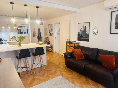 Il comprend un salon avec un canapé en cuir noir et une cuisine. dans l'établissement Lovely one bedroom apartment with balcony & wifi just minutes walk from Palais and Cannes beaches 109, à Cannes