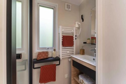 une salle de bain avec un lavabo et une fenêtre dans l'établissement Camping 4 étoiles - Piscine - eeieab, à Castelnaud-la-Chapelle