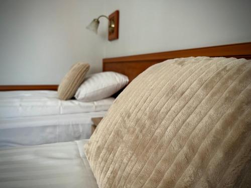 a bedroom with two twin beds and a lamp at Adalbertus Dom Pielgrzyma in Gniezno