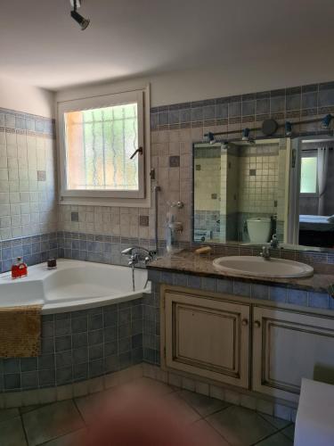 une salle de bain avec une baignoire, un lavabo et un miroir dans l'établissement la grande piscine, à Porto-Vecchio