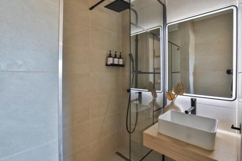 une salle de bain avec un lavabo et une douche dans l'établissement La petite escapade - Cosy - Vue Port, à Les Sables-dʼOlonne