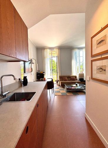 une cuisine avec un évier et un salon dans l'établissement Elegant apartment, Cap de Nice, à Nice
