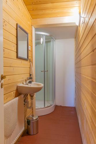 a bathroom with a sink and a glass shower at Hrad Tolštejn - turistické ubytování in Jiřetín pod Jedlovou