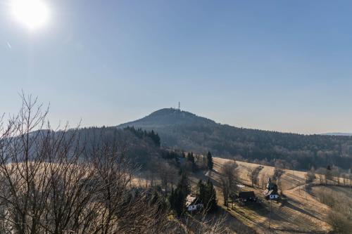 a view of a hill with trees and a mountain at Hrad Tolštejn - turistické ubytování in Jiřetín pod Jedlovou