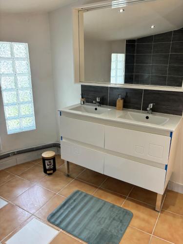 une salle de bain avec un lavabo et un miroir dans l'établissement Maison idéale pour grand groupe, à Villiers-le-Bel