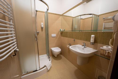 W łazience znajduje się umywalka, toaleta i prysznic. w obiekcie Hotel Szelców w mieście Lesko