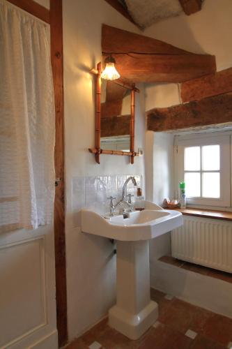 une salle de bain avec un lavabo, un miroir et une fenêtre dans l'établissement Cuq en Terrasses, à Cuq-Toulza
