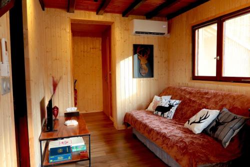 a living room with a red couch and a window at Le Chalet du Château - Relaxation & Spa in Baerenthal