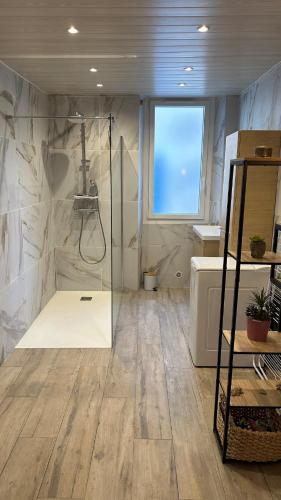 une grande salle de bain avec douche et lavabo dans l'établissement Appartement Collobrières, à Collobrières