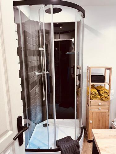 - une douche avec une enceinte en verre dans l'établissement Gîte de la Biscuiterie, à Cucq