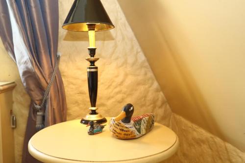 a lamp and a duck sitting on top of a toilet at Hausteil Ruusenhoog in Braderup