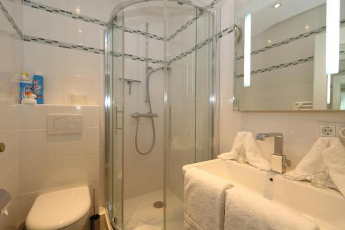 a bathroom with a shower and a toilet and a sink at Weber19 - Haus Hammerich in Wenningstedt