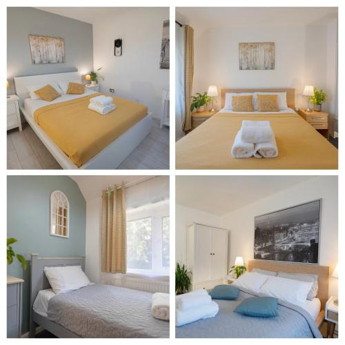 three different views of a bedroom with two beds at Entire 4-Bed House & Parking, Steps from ICC & Utilita Arena Birmingham & Broad Street in Birmingham