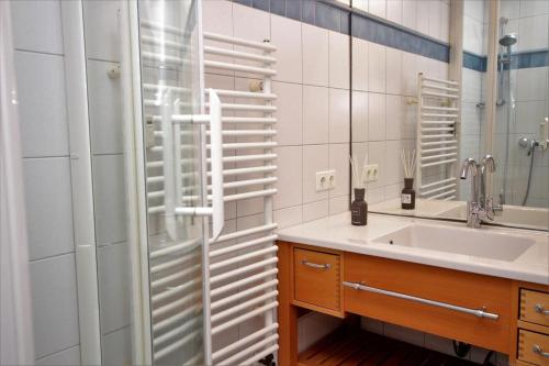 a bathroom with a shower and a sink and a mirror at App. Hussmann 8/17 in Westerland (Sylt)