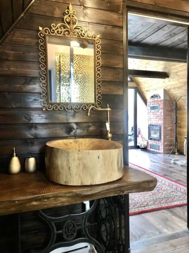 a bathroom with a sink and a mirror on a wooden wall at Casa Aristocrată - La noi la munte in Mătişeşti