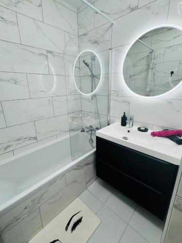 une salle de bain avec un lavabo, une baignoire et un miroir dans l'établissement Spacieux T2 à Mougins-le-Haut, à Mougins