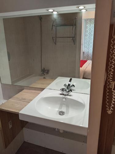 une salle de bain avec un lavabo et un grand miroir dans l'établissement Les nouveaux Ambassadeurs, à Saint-Chamond