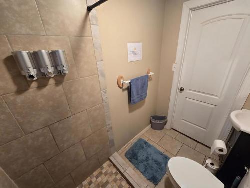 a bathroom with a shower and a toilet and a sink at Small house in Midland in Midland