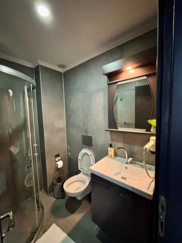 een badkamer met toilet, wastafel en douche bij Apartment wıth jacuzzı and pool 10 mınutes from the DeadSea in Fethiye