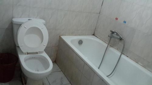a bathroom with a toilet and a bathtub with a shower at Affta Inn in Addis Ababa