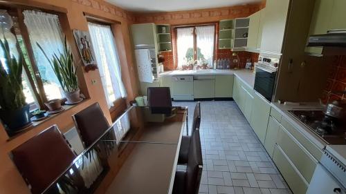 une cuisine avec des armoires vertes, une table et des chaises dans l'établissement Maison meublée spacieuse à la campagne avec jardin, à Gottenhouse