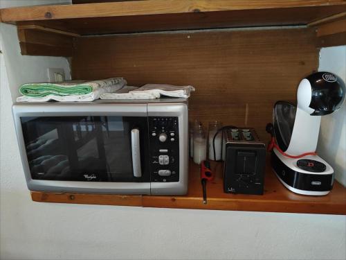 a microwave on a wooden shelf with a appliance at El Alpendre- Entre plataneras, a 10 minutos playa in Arucas