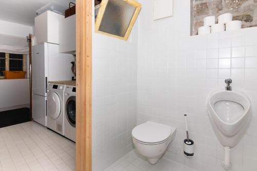 a bathroom with a urinal and a washing machine at Boutique House Anni in Piran