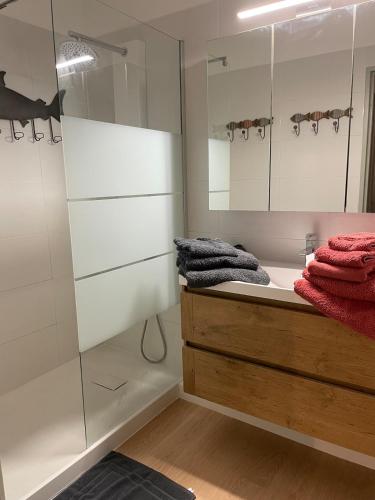 une salle de bain avec un lavabo et une douche dans l'établissement 60 m2 - 6 people, 3-min walk to Azur beach, à La Grande Motte