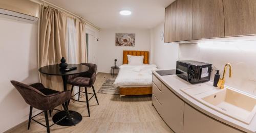 a room with a kitchen and a bedroom with a bed at Castellum Apartments in Slavonski Brod