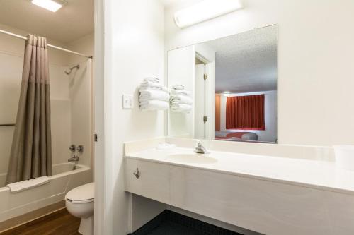W łazience znajduje się umywalka, toaleta i lustro. w obiekcie Travelodge by Wyndham Lansing w mieście Lansing